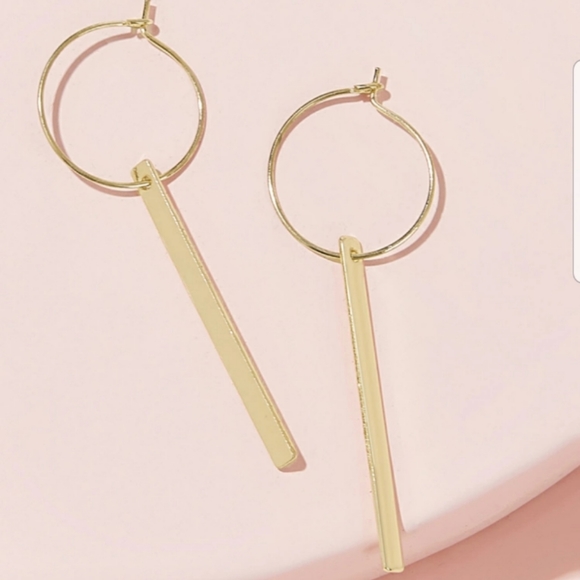 Gold Bar Minimalist Hoop Drop Dangle Earrings - Picture 2 of 4